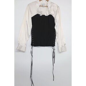 Dressbarn Womens Black White Satin Blouse Corset Ruffled Neck Whimsygoth Sz L